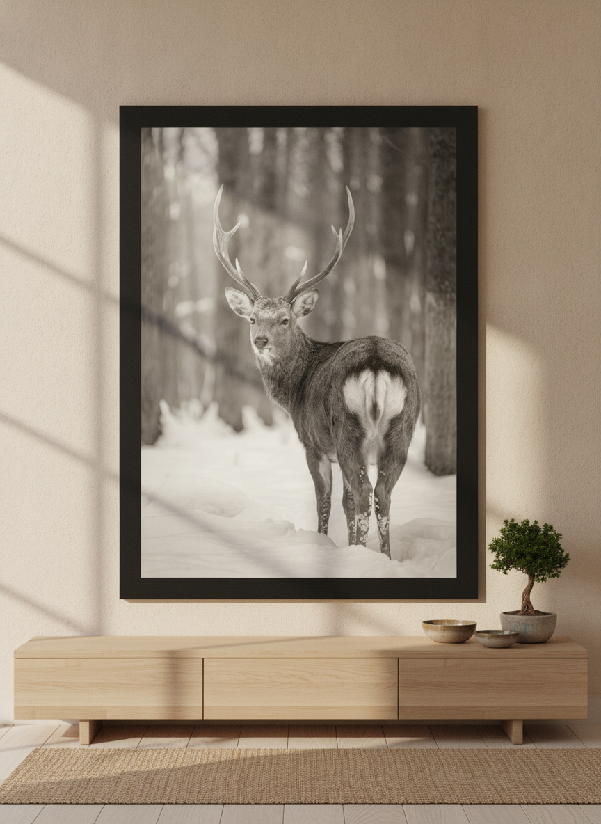 Modern wall art print standing on a sideboard in a warm Japandi dining room