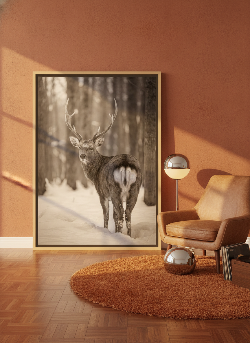 Canvas wall art with a natural timber surround leaning against the wall in a retro 70s bedroom