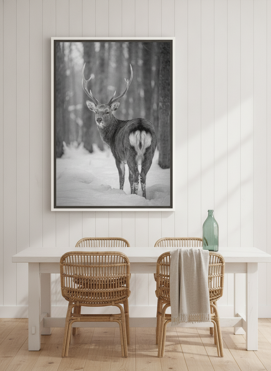 Canvas wall art with a white surround styled on the wall in a coastal dining room