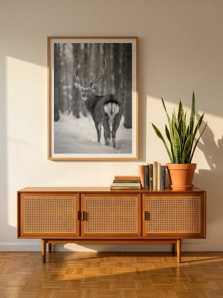 Modern wall art print styled on the wall in a mid-century living room