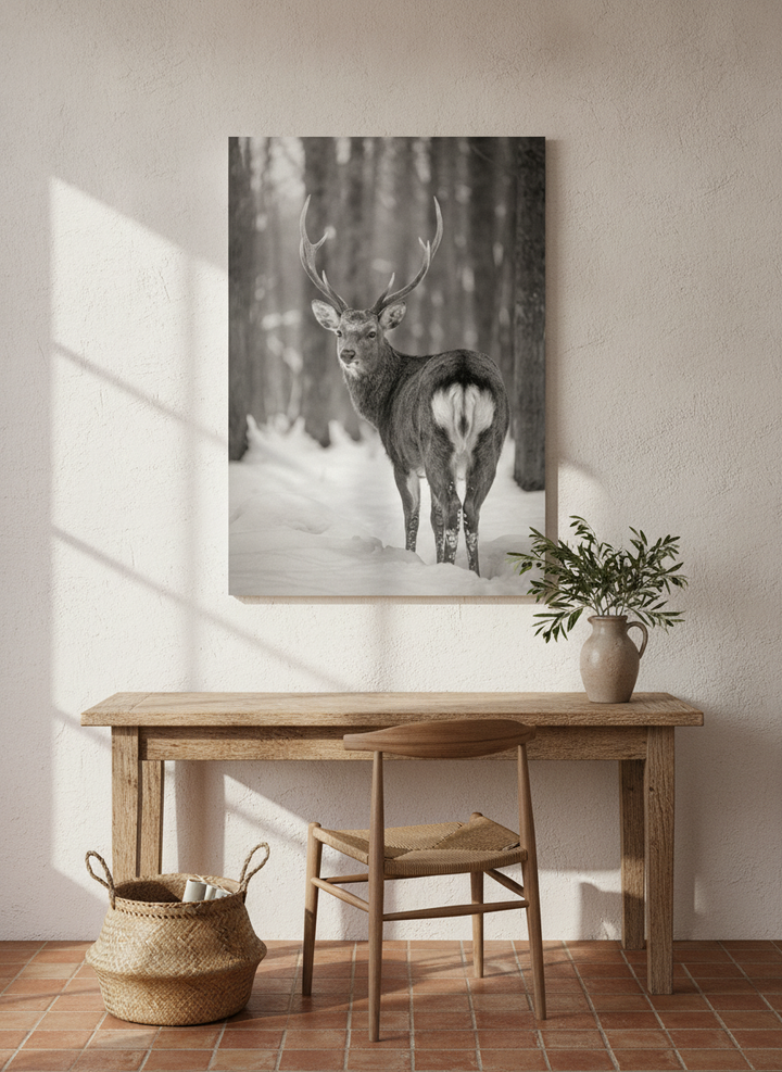 Stretched canvas wall art styled on the wall in a Mediterranean home office