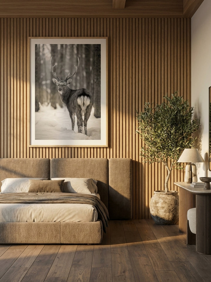 Oversized statement modern wall art print styled on the wall in a luxe bedroom