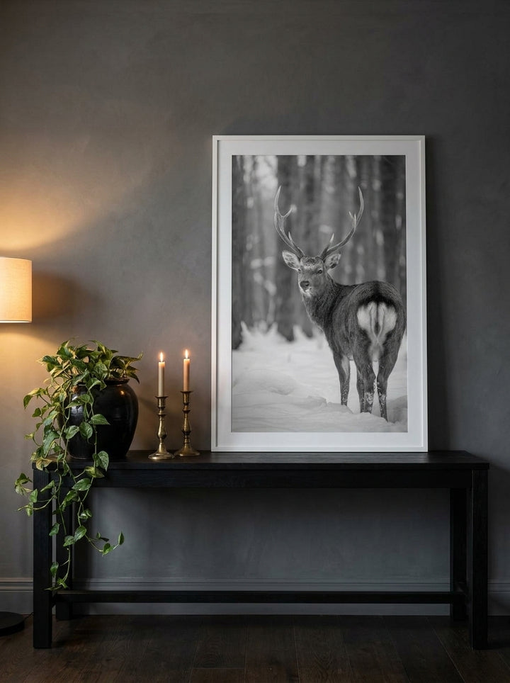 Modern wall art print standing on a console in a moody bedroom