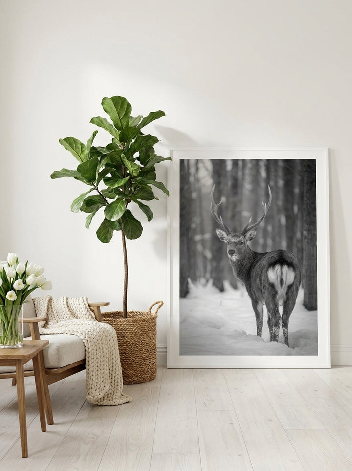 Oversized statement modern wall art print leaning against the wall in a bright Scandinavian living room