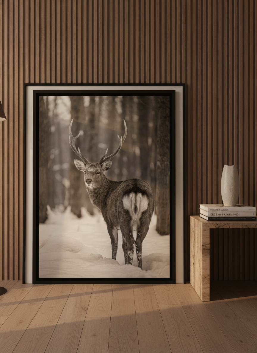Oversized statement canvas wall art with a black surround leaning against the wall in a luxe living room