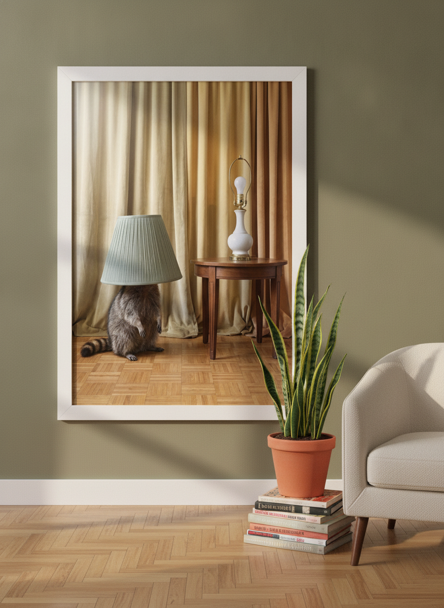 Modern wall art print leaning against the wall in a mid-century bedroom