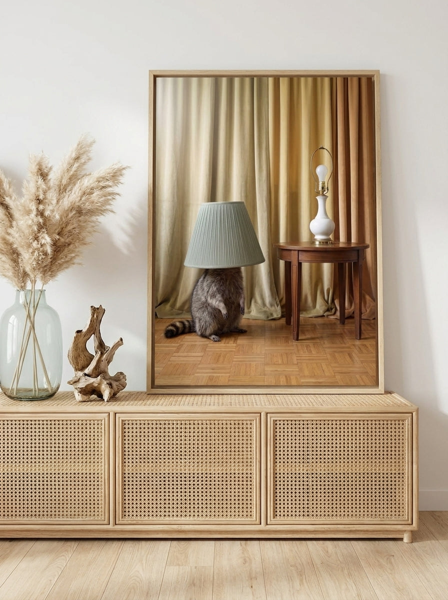 Canvas wall art with a natural timber surround standing on a sideboard in a coastal bedroom