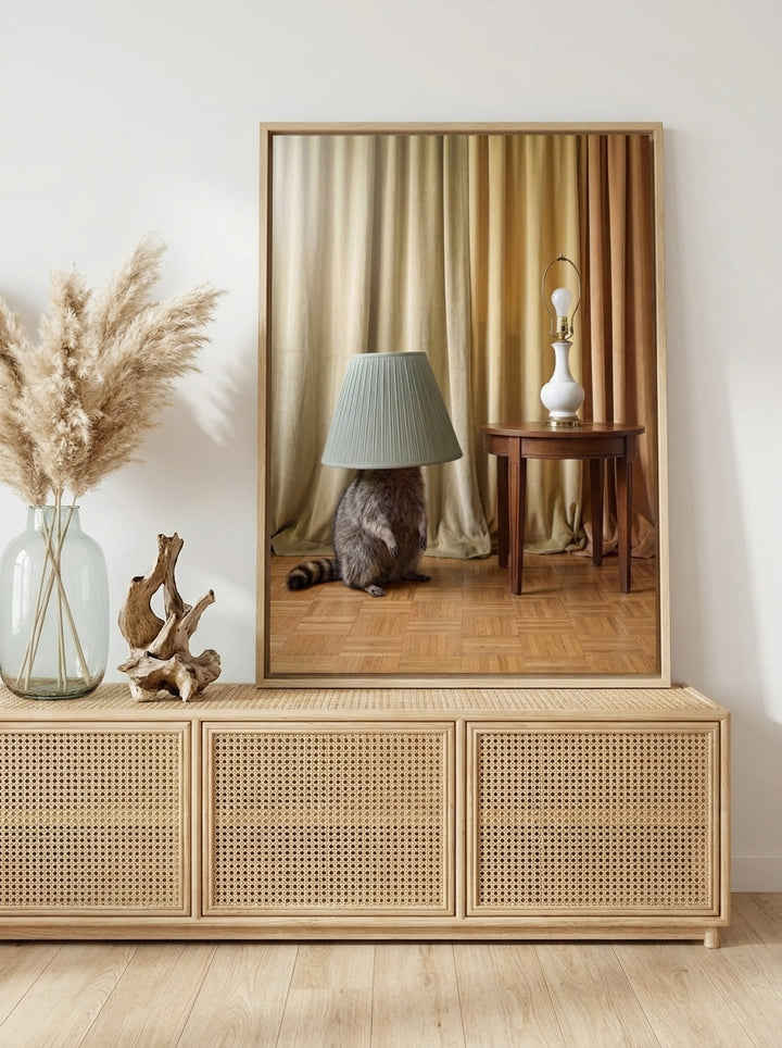 Canvas wall art with a natural timber surround standing on a sideboard in a coastal bedroom