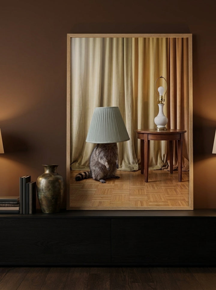 Modern wall art print standing on a console in a moody home office