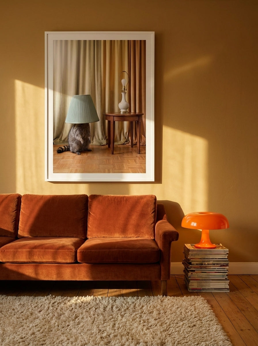 Modern wall art print styled on the wall in a retro 70s living room