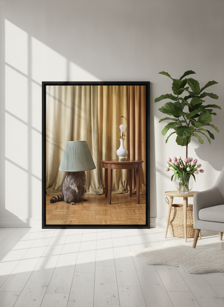 Canvas wall art with a black surround leaning against the wall in a bright Scandinavian home office
