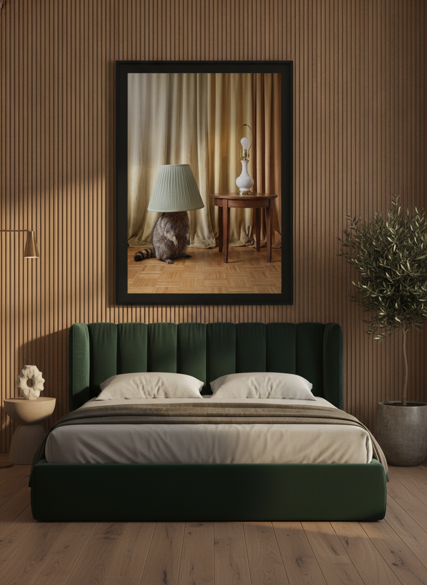 Oversized statement modern wall art print styled on the wall in a luxe bedroom