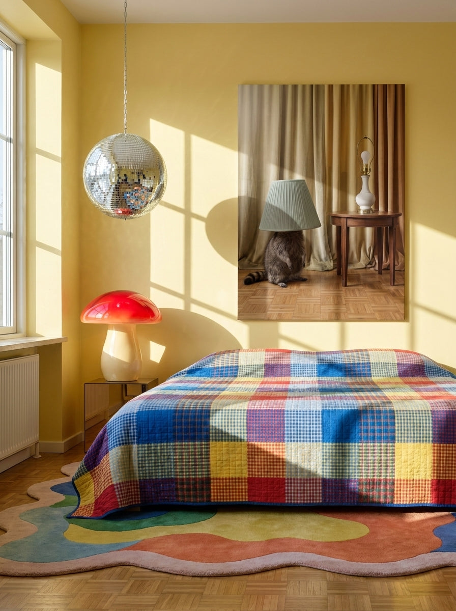 Stretched canvas wall art styled on the wall in a colourful eclectic bedroom