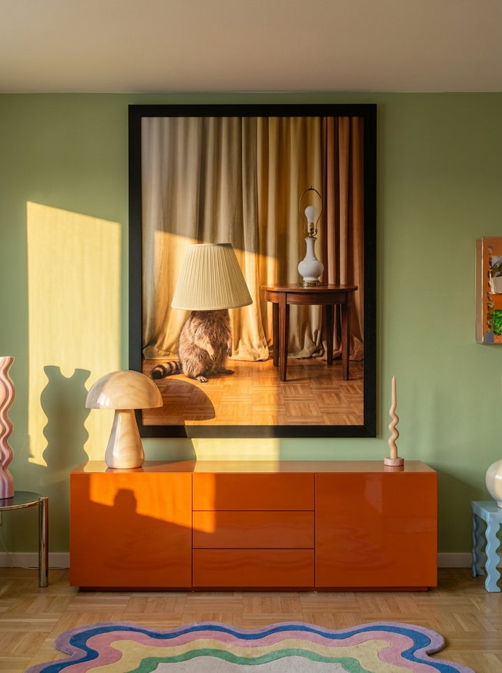 Oversized statement modern wall art print styled on the wall in a colourful eclectic living room