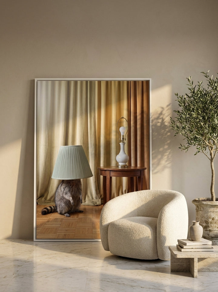 Oversized statement canvas wall art with a white surround leaning against the wall in a luxe bedroom