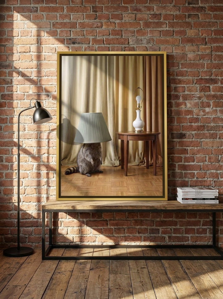 Canvas wall art with a gold leaf surround standing on a console in an industrial loft living room