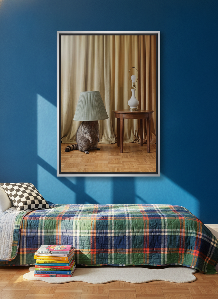 Oversized statement canvas wall art with a silver leaf surround styled on the wall in a colourful eclectic bedroom