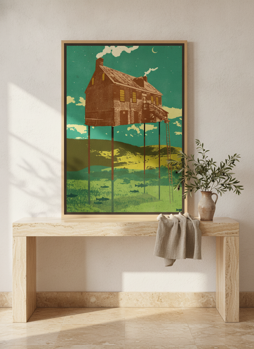 Canvas wall art with a natural timber surround standing on a console in a Mediterranean bedroom