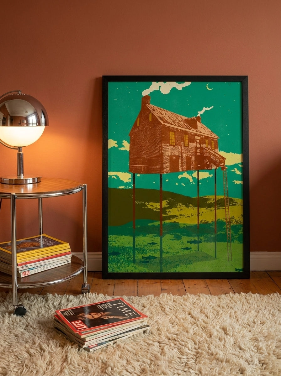 Modern wall art print leaning against the wall in a retro 70s home office