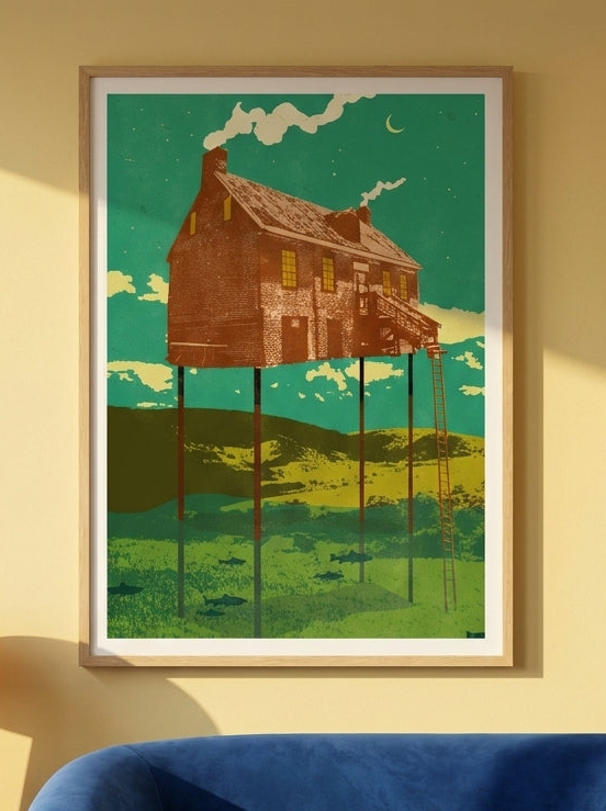Modern wall art print styled on the wall in a colourful eclectic living room