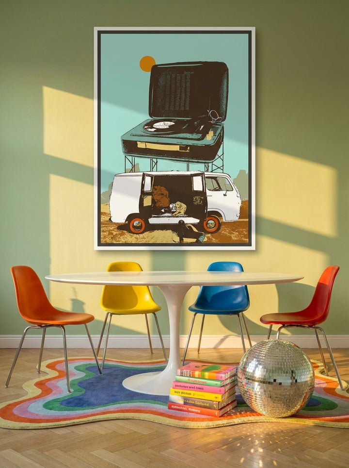 Canvas wall art with a white surround styled on the wall in a colourful eclectic dining room