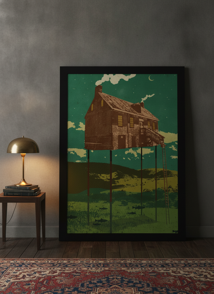 Oversized statement modern wall art print leaning against the wall in a moody living room
