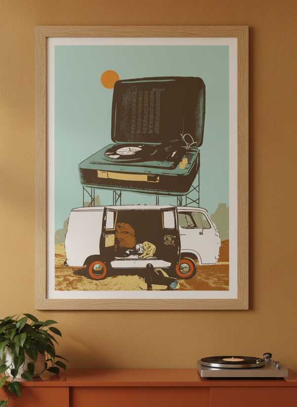 Modern wall art print styled on the wall in a retro 70s living room