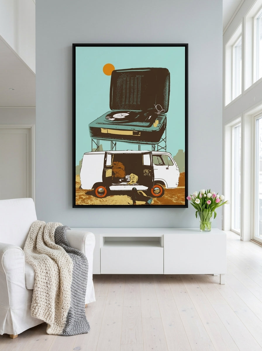 Oversized statement canvas wall art with a black surround styled on the wall in a bright Scandinavian living room