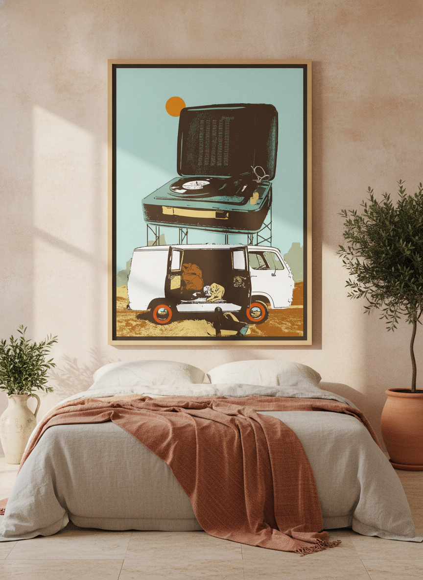Canvas wall art with a natural timber surround styled on the wall in a Mediterranean bedroom