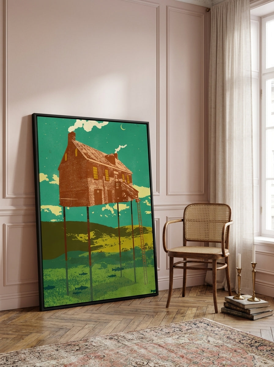 Oversized statement canvas wall art with a black surround leaning against the wall in a Parisian living room