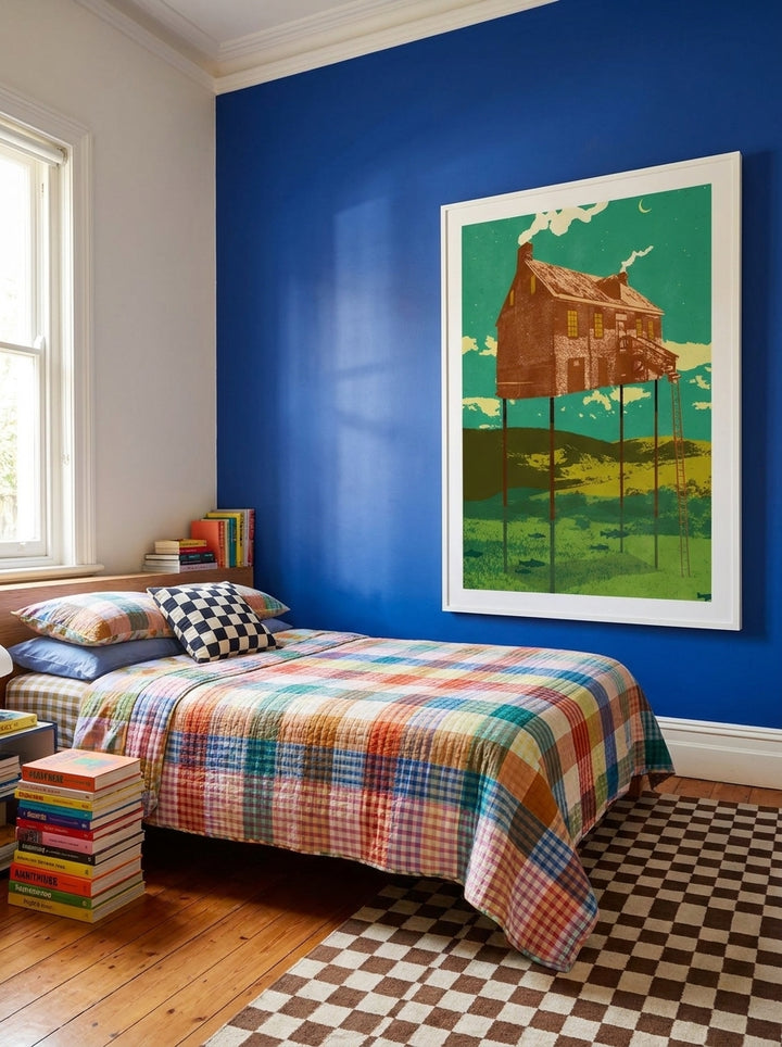 Oversized statement modern wall art print styled on the wall in a colourful eclectic bedroom