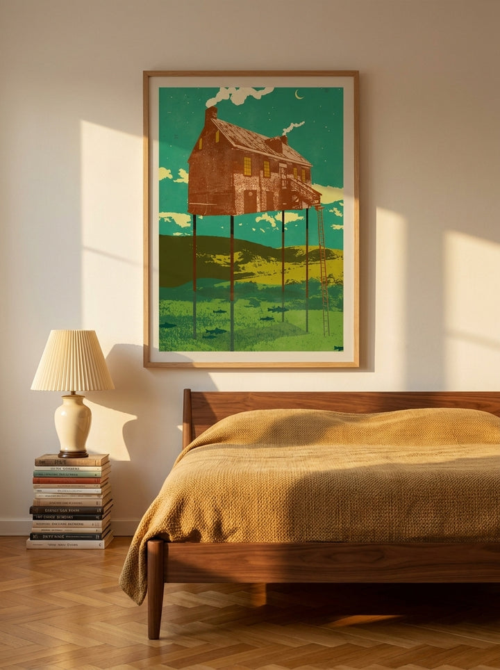 Modern wall art print styled on the wall in a mid-century bedroom