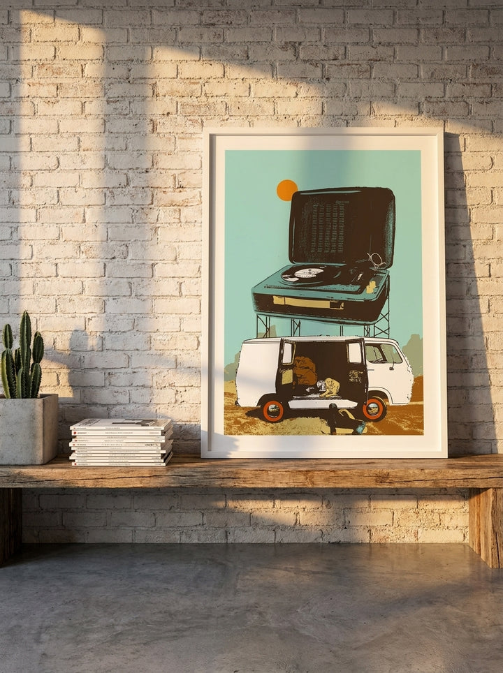 Modern wall art print standing on a bench in an industrial loft home office