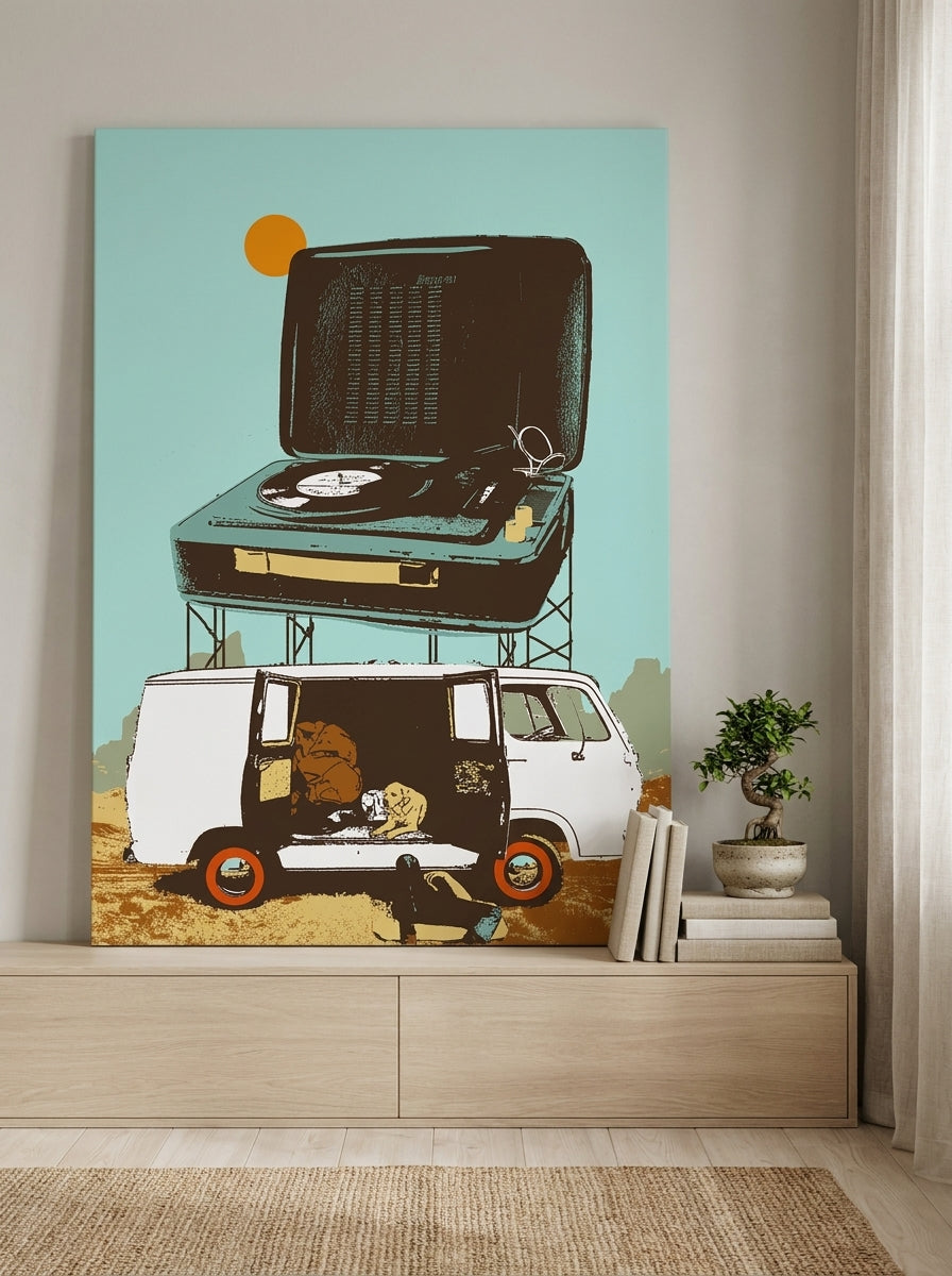 Stretched canvas wall art standing on a sideboard in a warm Japandi home office
