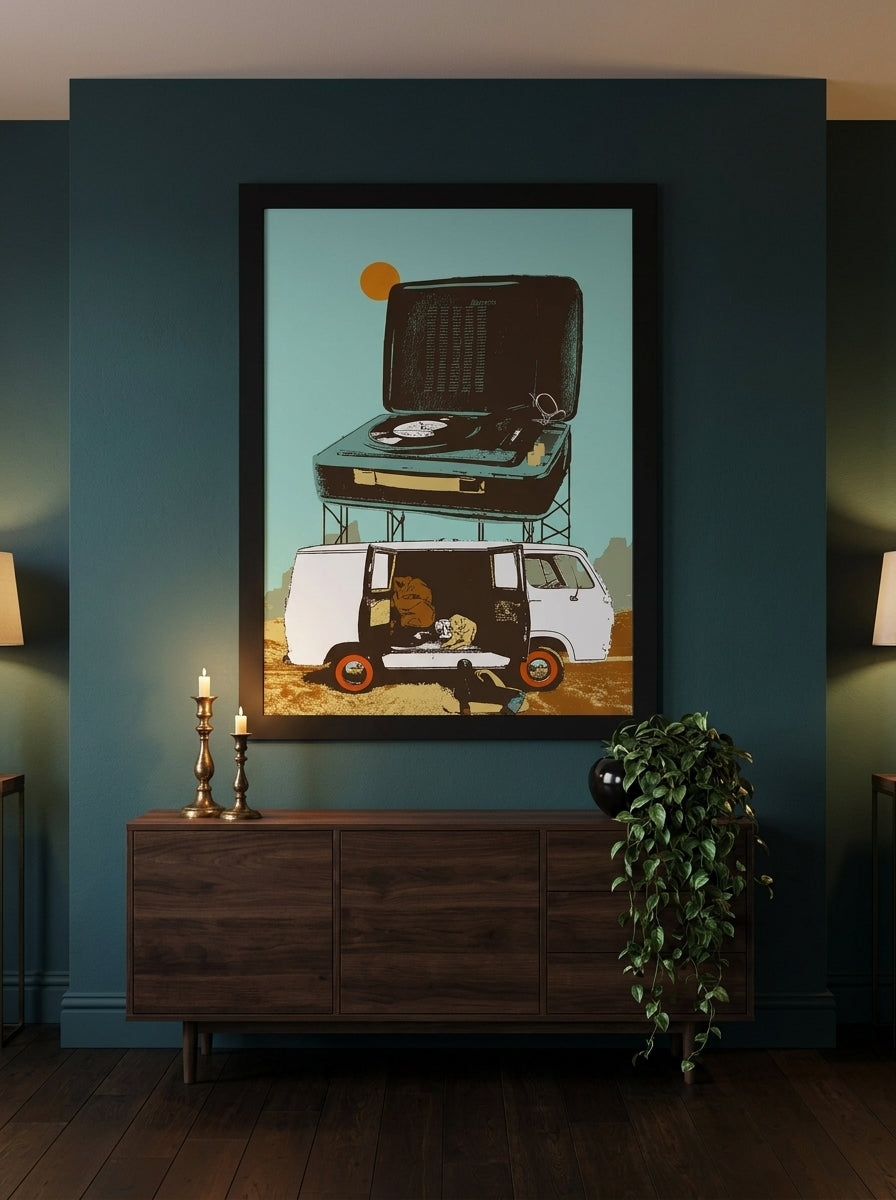 Oversized statement modern wall art print styled on the wall in a moody living room