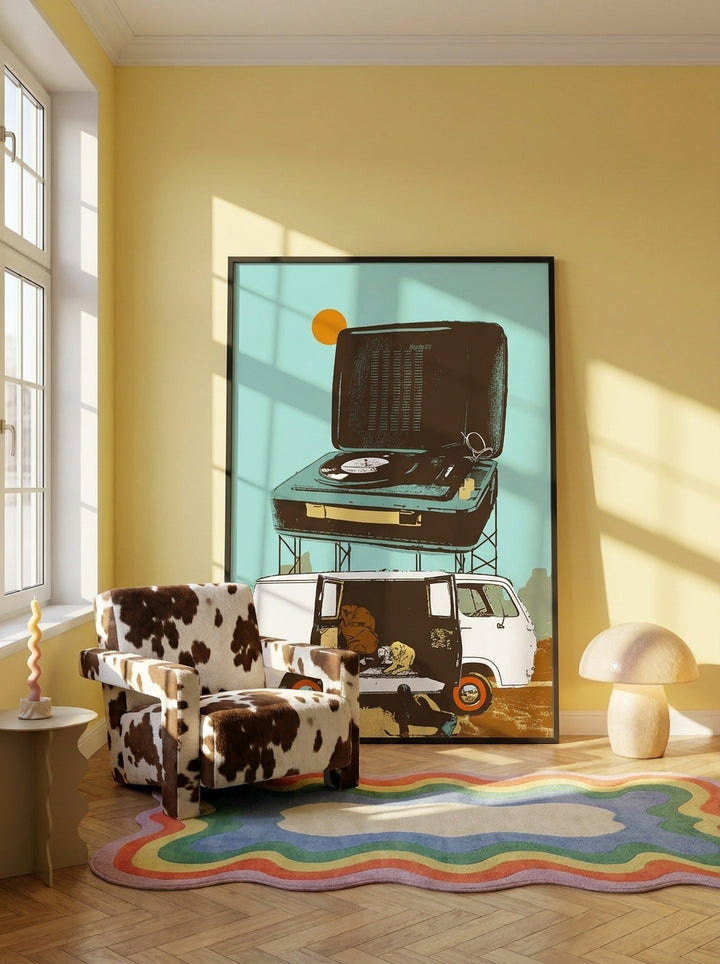 Oversized statement modern wall art print leaning against the wall in a colourful eclectic dining room