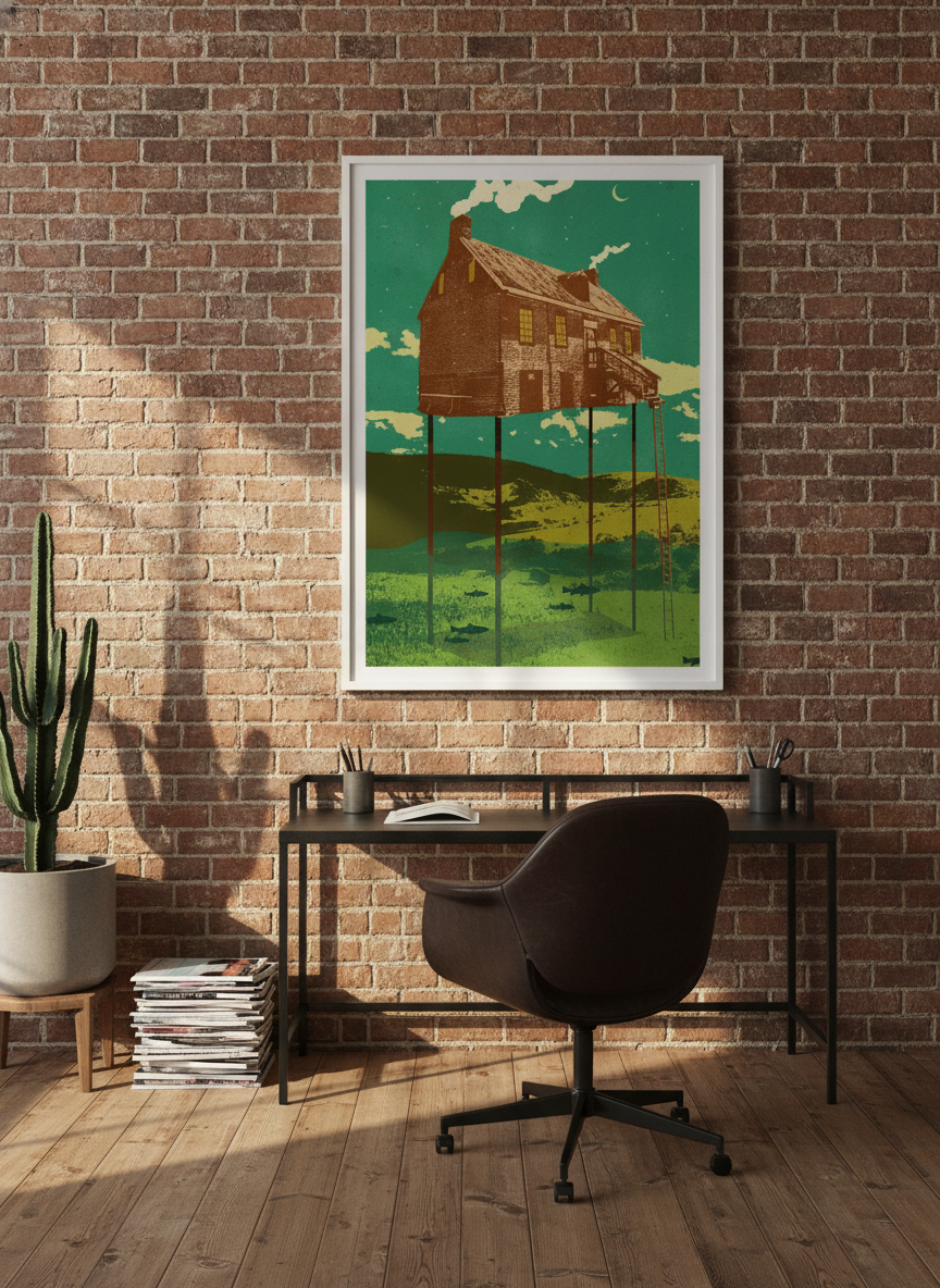 Modern wall art print styled on the wall in an industrial loft home office