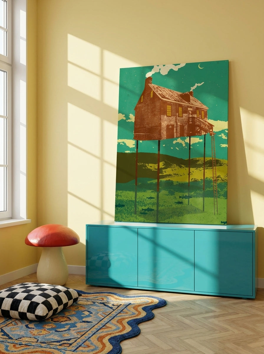 Stretched canvas wall art standing on a sideboard in a colourful eclectic bedroom