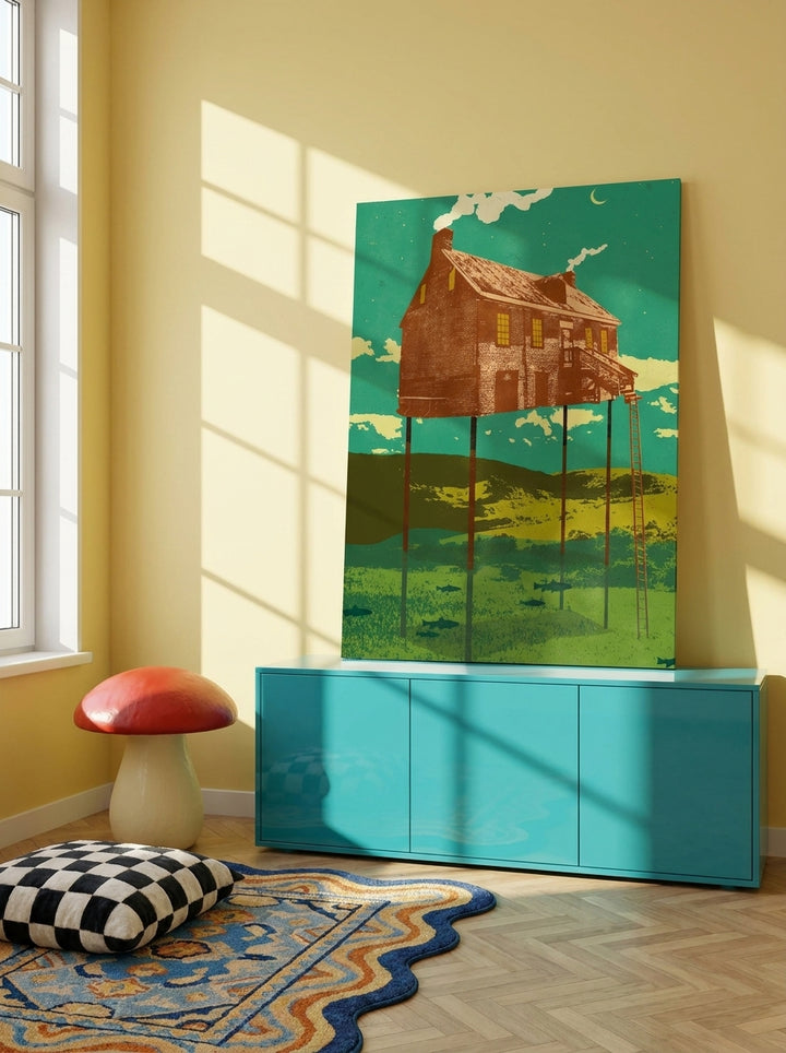 Stretched canvas wall art standing on a sideboard in a colourful eclectic bedroom