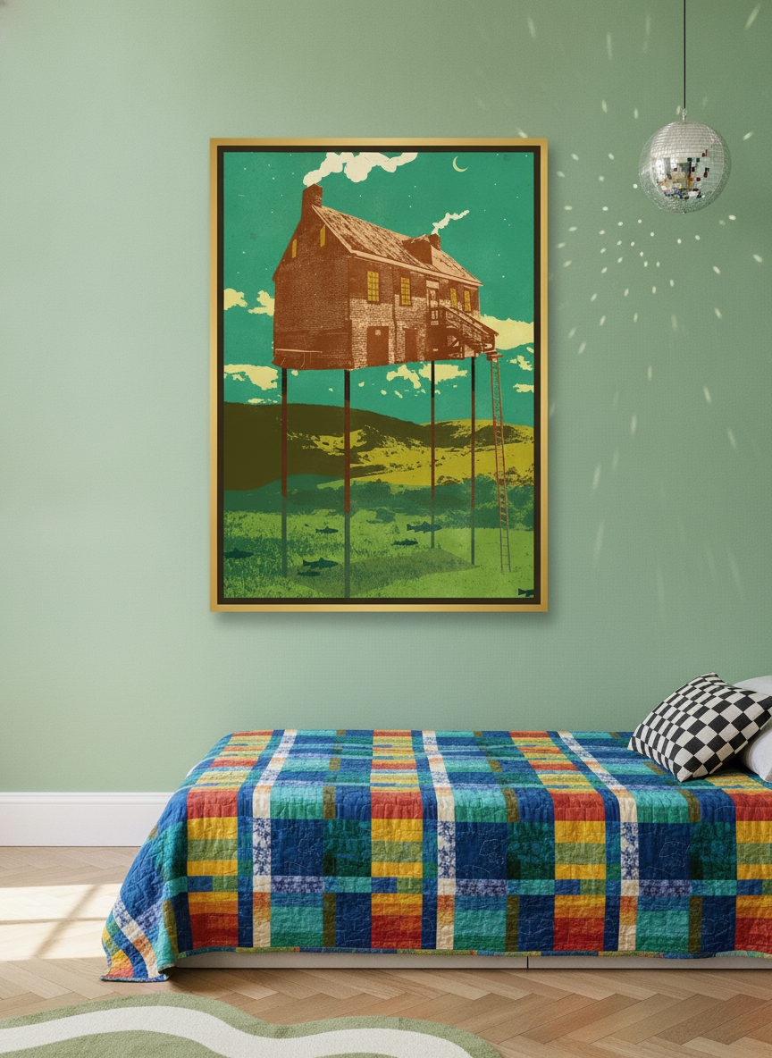 Oversized statement canvas wall art with a gold leaf surround styled on the wall in a colourful eclectic bedroom
