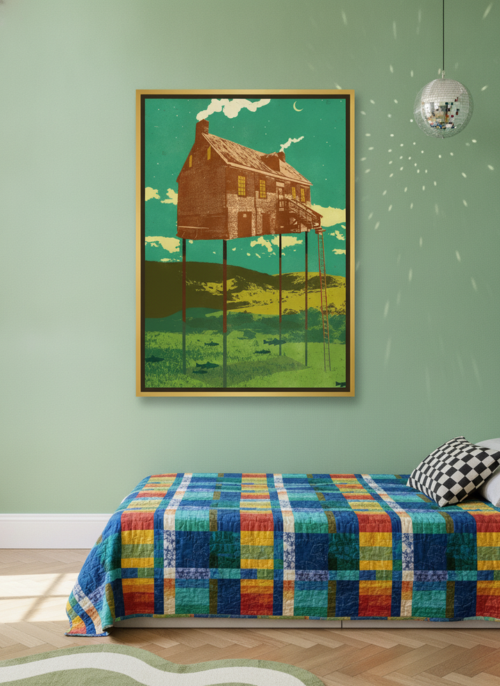 Oversized statement canvas wall art with a gold leaf surround styled on the wall in a colourful eclectic bedroom