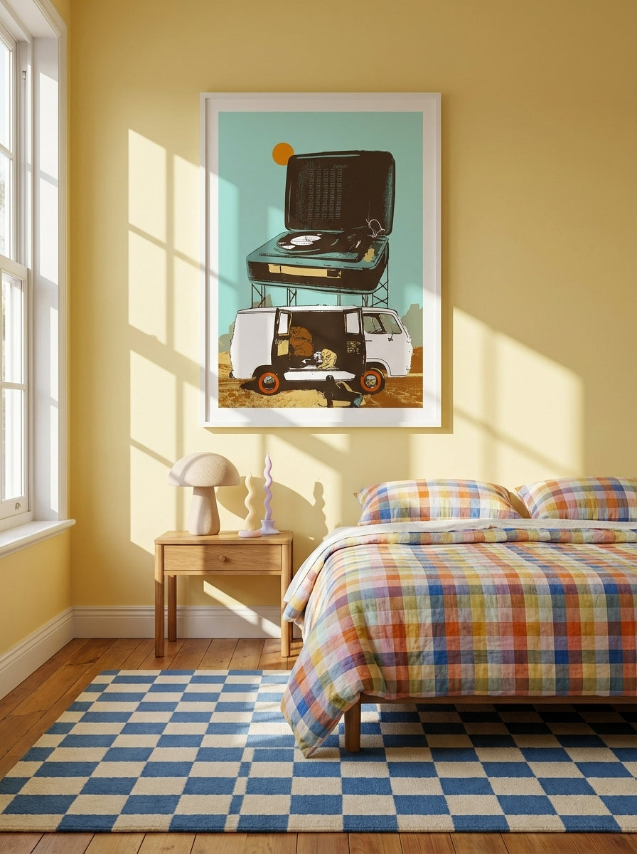 Modern wall art print styled on the wall in a colourful eclectic bedroom