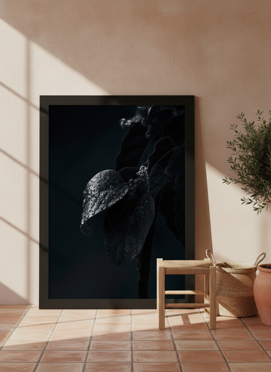 Modern wall art print leaning against the wall in a Mediterranean bathroom