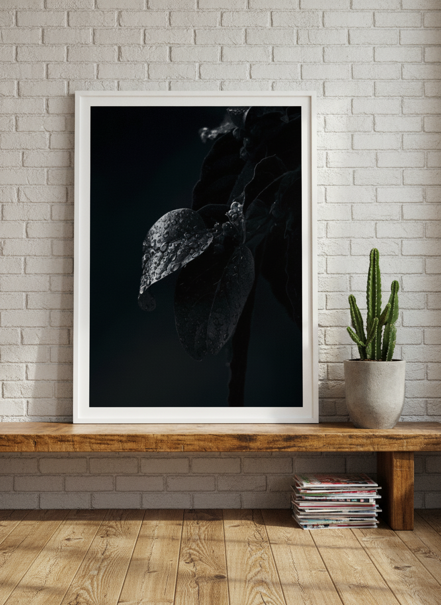 Modern wall art print standing on a bench in an industrial loft home office