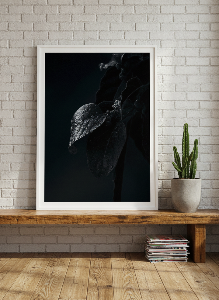 Modern wall art print standing on a bench in an industrial loft home office