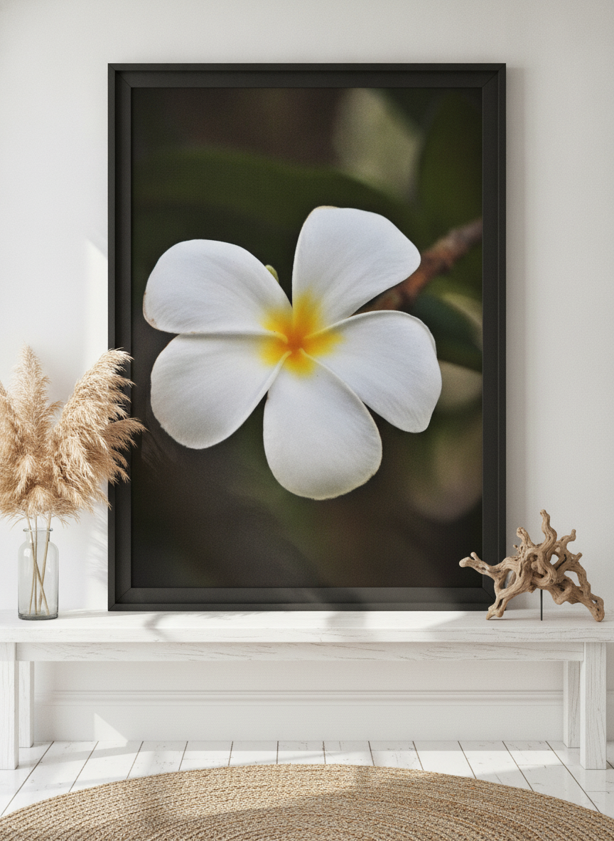 Modern wall art print standing on a console in a coastal bathroom