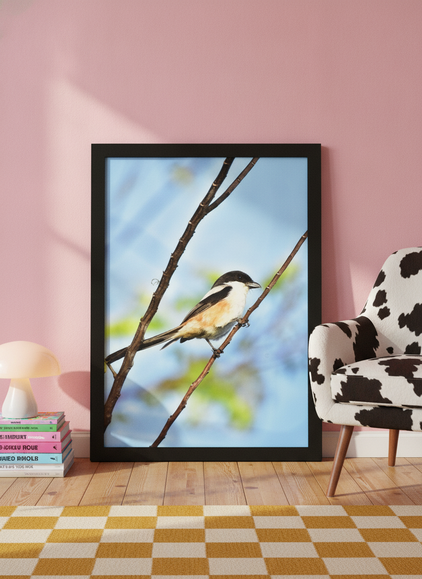 Modern wall art print leaning against the wall in a colourful eclectic living room