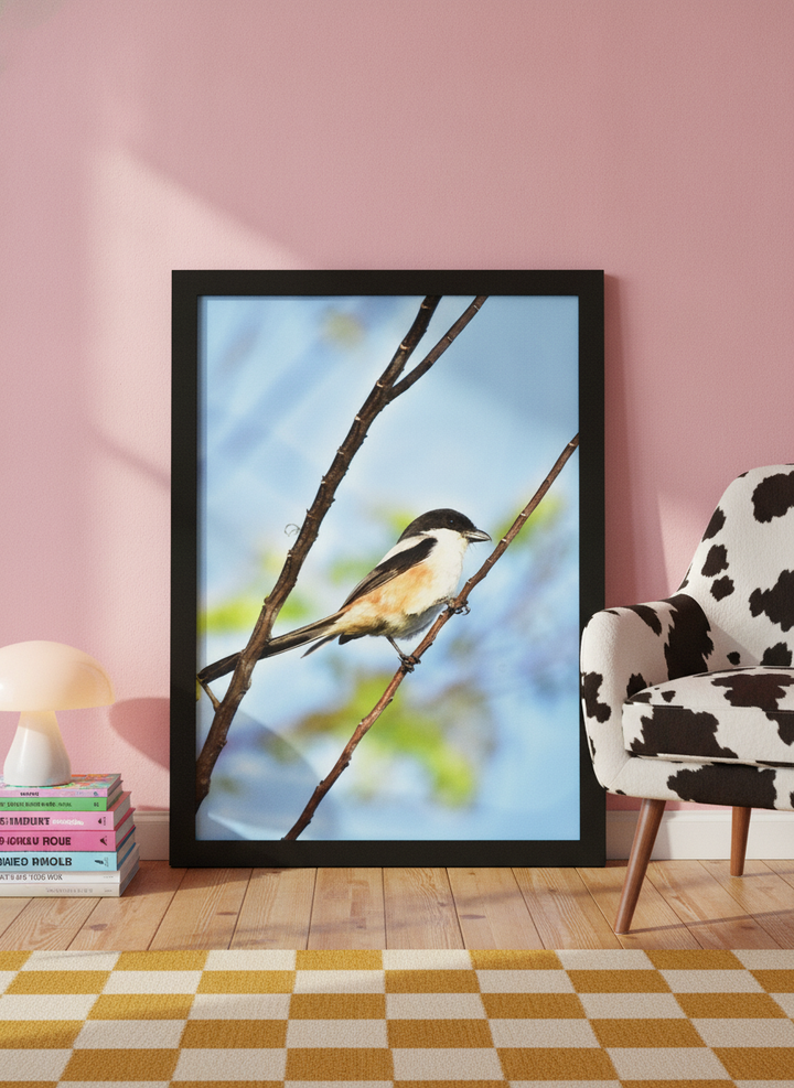 Modern wall art print leaning against the wall in a colourful eclectic living room