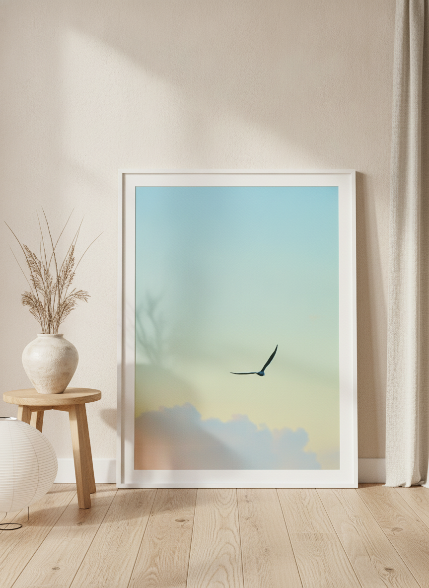Modern wall art print leaning against the wall in a warm Japandi home office