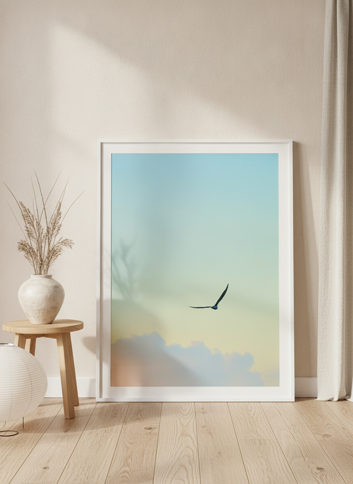 Modern wall art print leaning against the wall in a warm Japandi home office